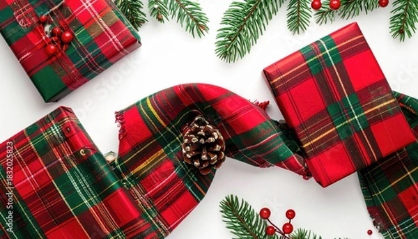 Fototapeta Festive Christmas gifts wrapped in red green tartan plaid with pine branches and pine cone.