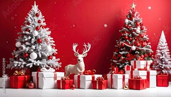 Fototapeta Festive Christmas scene with decorated trees gifts and a reindeer on red background.