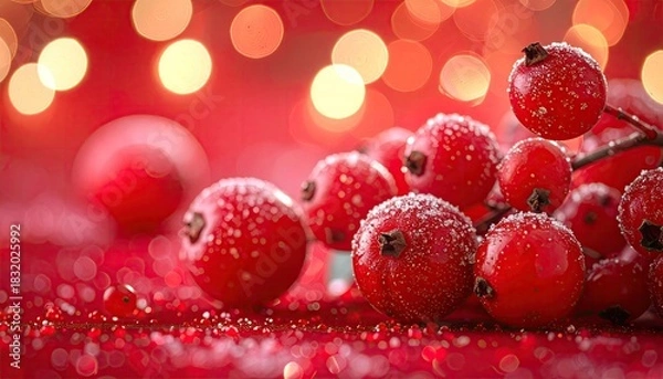 Fototapeta Frosted Red Berries with Warm Bokeh Lights Background.