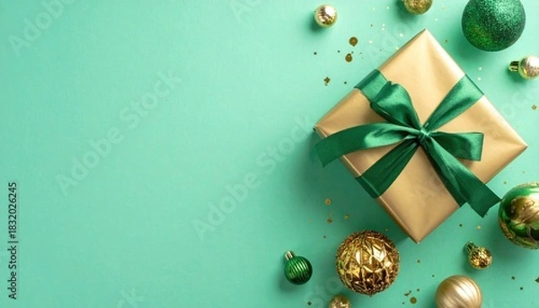 Fototapeta Festive gold gift box with green ribbon and Christmas ornaments scattered on a teal background.