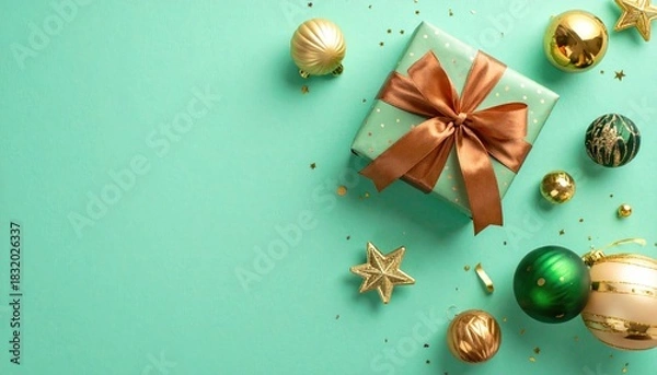 Fototapeta Elegant Christmas gift box with golden ornaments and confetti on a teal background.