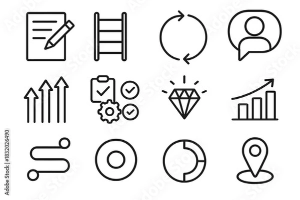 Obraz Training Icon Set. Training Methodologies Set linear icon set: practice sheet, structured ladder, learning loop, instructor bubble, training arrows, task icons, clarity symbol