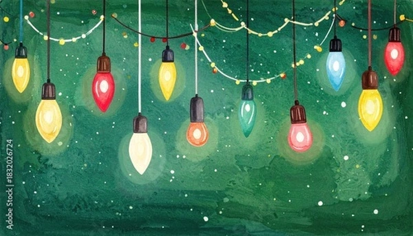Fototapeta Watercolor painting of colorful vintage string lights hanging against a dark green textured background with festive white dots.