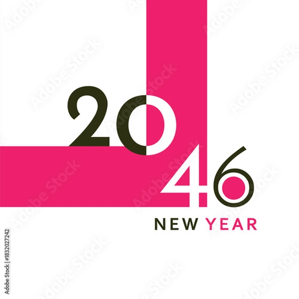 Fototapeta A clean and modern New Year 2046 artwork with bold black typography and a simple geometric layout. Perfect for greeting cards, banners, posters, digital content, and festive graphic projects.