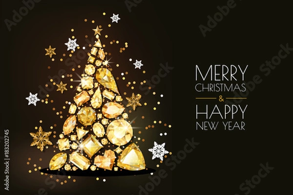 Fototapeta Wesołych Świąt, szczęśliwego nowego roku kartkę z życzeniami. Wektor złote choinki 3d, złote klejnoty i płatki śniegu na czarnym tle. Wakacyjny poziomy układ banera, ulotka, plakat z diamentami, klejnoty.