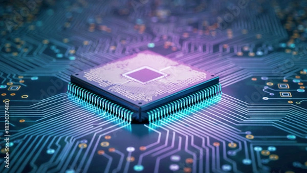 Fototapeta 発光する青紫のチップがきらめき未来の可能性を感じる瞬間のコンピューター上の基盤AI	