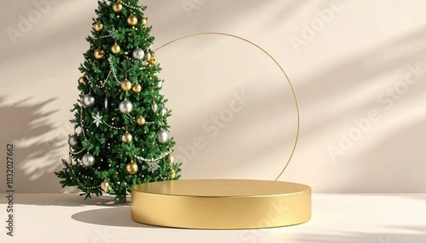 Fototapeta Elegant Christmas tree and golden podium with arch in minimalist studio setting.