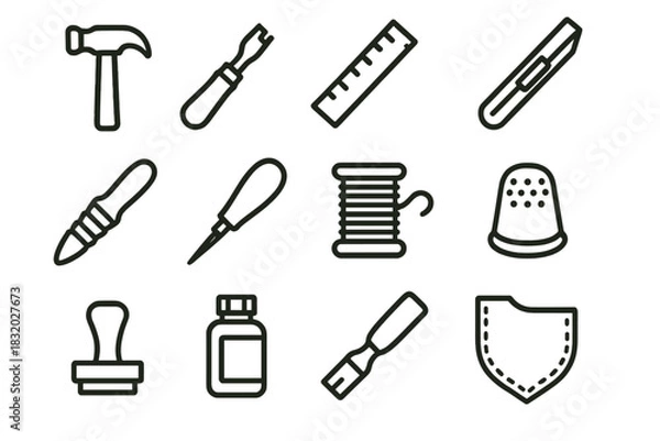 Fototapeta Crafting Tools Icons. Crafting tools linear icon set. hammer, edge beveler, ruler, cutting knife, burnishing tool, awl, wax thread, thimble, stamp, dye bottle, brush, pattern