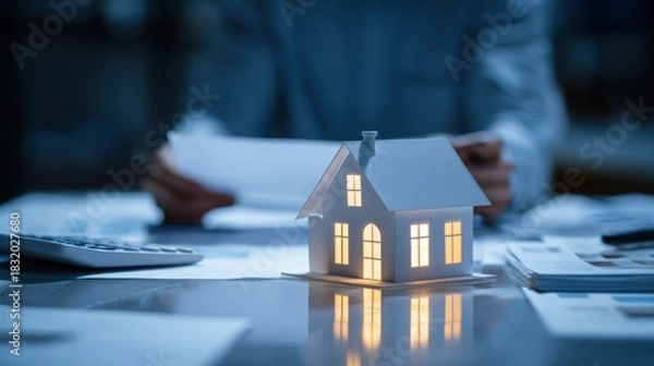 Obraz House model and documents at desk