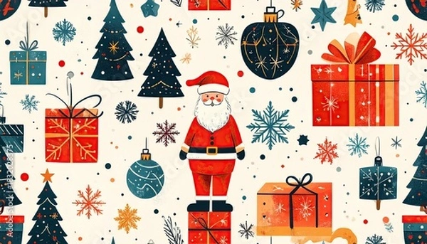 Fototapeta Festive Christmas Pattern with Santa Claus Trees Gifts and Snowflakes in Retro Flat Design.