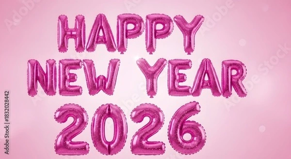 Fototapeta Metallic pink inflated balloons in large font spelling out Happy New Year 2026. Soft pink backdrop with bokeh lights and subtle glitter effect.