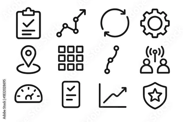 Obraz Productivity Icons Collection. Labor Day Productivity Frameworks linear icon set: objective sheet, planning pathway, cycle arrow, process engine, milestone marker, system grid