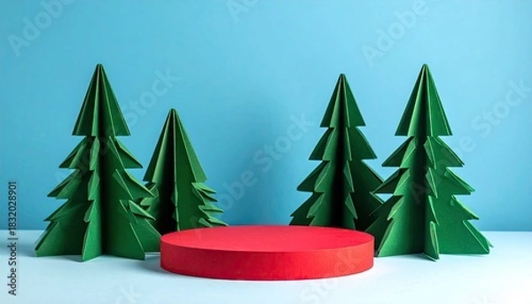 Fototapeta Minimalist festive display with green paper Christmas trees and red podium.