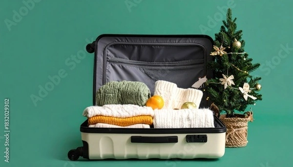 Fototapeta Open suitcase packed with warm clothes and a small decorated Christmas tree ready for holiday travel.