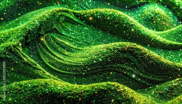Fototapeta Abstract Glowing Green Organic Landscape with Sparkling Particles and Undulating Forms.