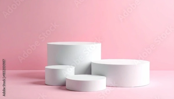 Fototapeta Minimalist white podiums on pink background for product display.