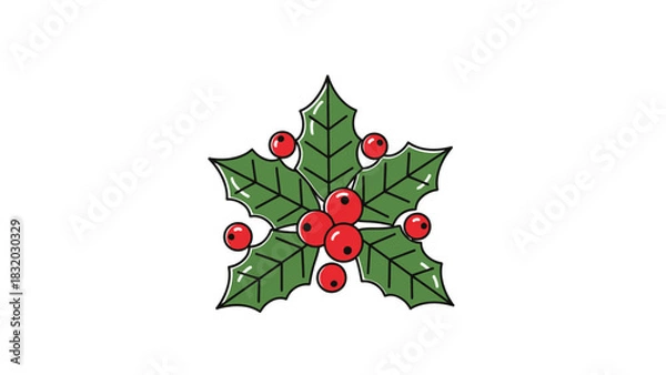 Obraz Christmas Holly Berry Vector Icon with Red Berries and Green Leaves