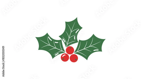 Obraz Christmas Holly Berry Vector Icon with Red Berries and Green Leaves