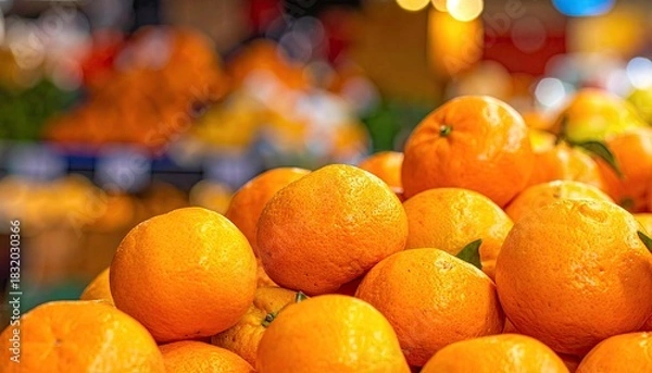Fototapeta Close up of fresh ripe oranges piled high at a market stall.
