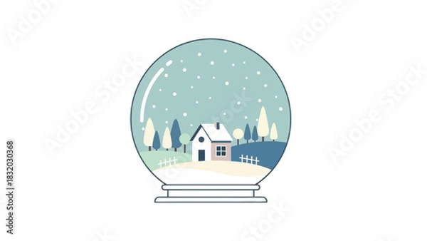 Obraz Minimalist Flat Color Snow Globe Vector with Winter House and Snowfall