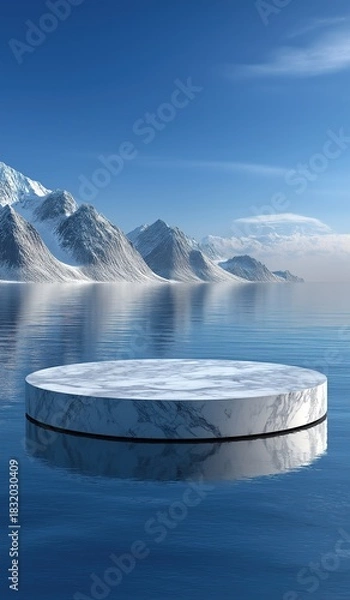 Obraz White marble circular podium floating on surface of icy water with snow-covered mountains in background and blue sky, ethereal scene
