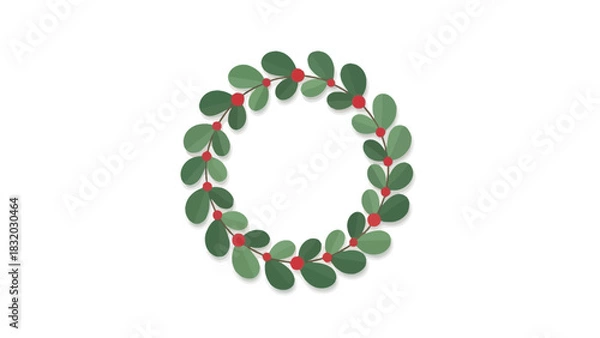 Obraz Minimalist Holly Christmas Wreath Vector with Green Leaves and Red Berries