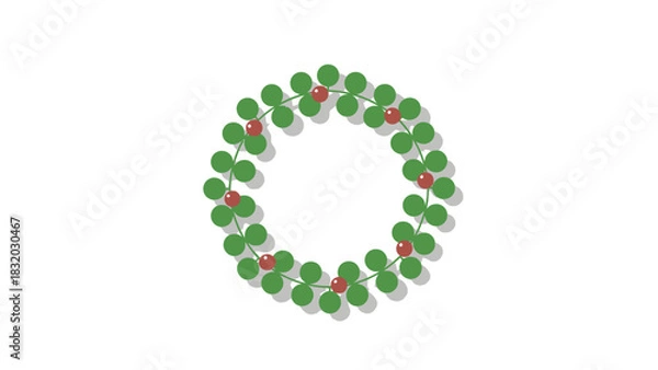 Obraz Minimalist Holly Christmas Wreath Vector with Green Leaves and Red Berries