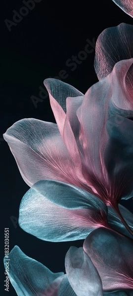 Obraz Close-up of transparent petals in pink and blue set against black background, ethereal effect with translucent quality creating floating impression