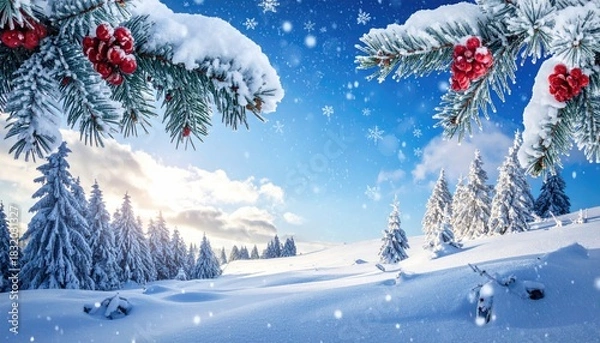 Fototapeta Enchanting Winter Wonderland Forest Scene with Snowfall and Sunlight.