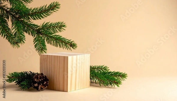 Fototapeta Minimalist wooden cube pedestal with pine branches and pine cone.