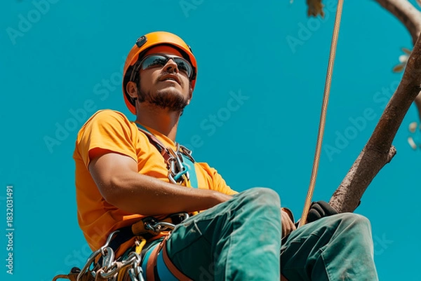 Obraz professional tree cutter hanging from a tree cutting while working