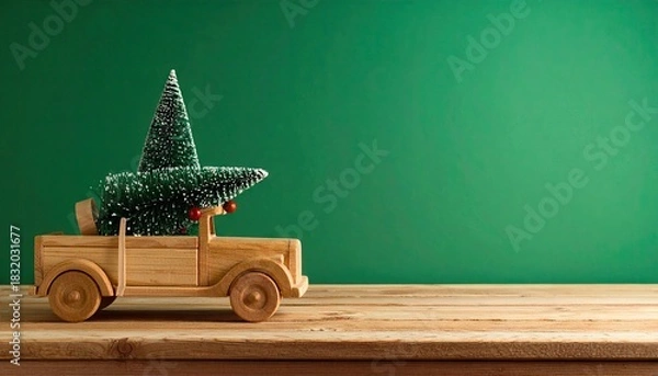 Fototapeta Wooden toy truck carrying miniature Christmas trees on a rustic wooden surface with green background.