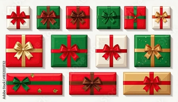 Fototapeta Assortment of festive gift boxes wrapped with colorful ribbons and bows for holiday celebrations.