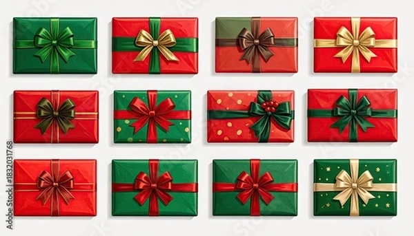 Fototapeta Collection of twelve festive gift boxes with colorful ribbons and bows.