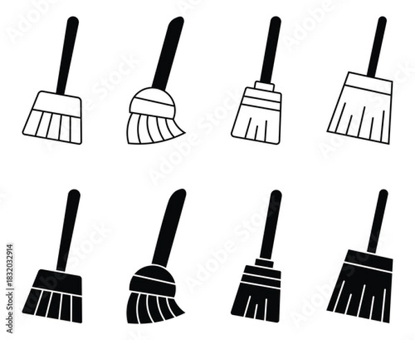 Obraz Set of broom line icon. Cleaning tool broom icon in black silhouette. Clean broomstick. Various brooms silhouette. Vector illustration.
