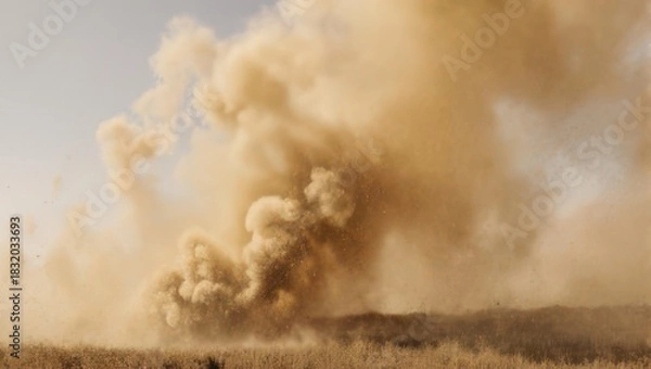 Fototapeta Massive dust cloud rising from dry ground under a hazy sky.