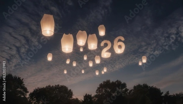 Fototapeta Sky Lanterns With Number 26 Floating In The Night Sky Above Trees.
