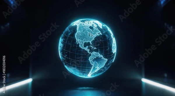 Fototapeta Digital Earth Hologram Spinning in Dark Futuristic Environment.
