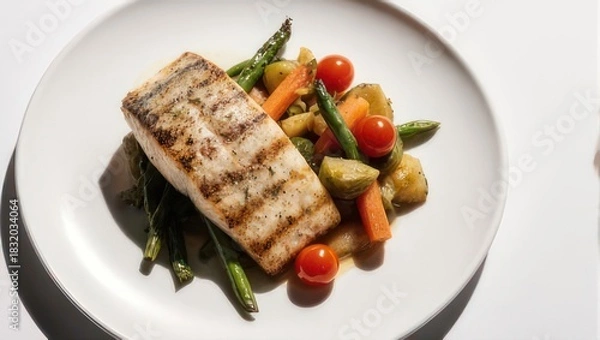Obraz Grilled Salmon Fillet with Roasted Vegetables and Asparagus.