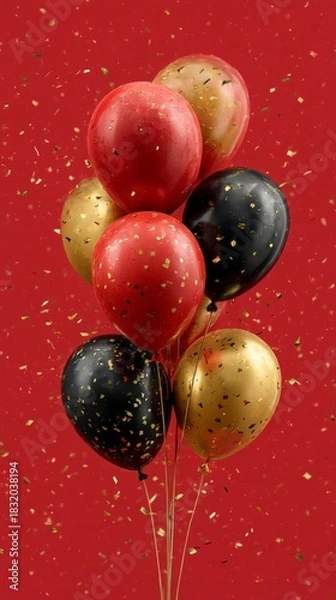 Fototapeta red, black, and gold balloons with golden confetti on a red background