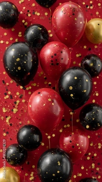 Fototapeta red, black, and gold balloons with golden confetti on a red background