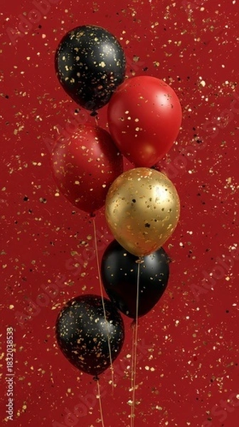 Fototapeta red, black, and gold balloons with golden confetti on a red background