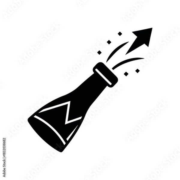 Fototapeta Silhouette of champagne cork popping with stock arrow emerging, black vector, minimal