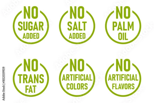Fototapeta No Sugar Added Sugar-Free No Salt Added No Palm Oil No Trans Fat No Artificial Colors No Artificial Flavors Green Round Package Info Label Badge Stamp Sign Symbol Icon Set. Vector Image.