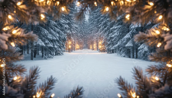 Obraz Magical Snowy Winter Forest Path Illuminated by Warm Christmas Lights