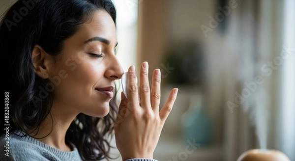 Fototapeta Sensory Immersion: Woman Experiencing Calming Scent with Serene Expression