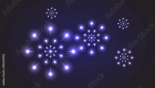 Fototapeta Radial purple light blooms on a dark background resembling stylized glowing fireworks or electric snowflakes.