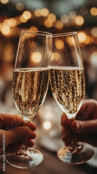 Fototapeta two hands with glasses of champagne cheering, celebrating a special event like New Year's