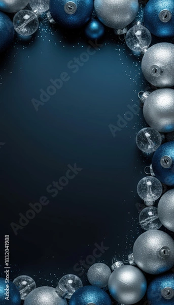 Obraz Blue and Silver Christmas Ornament Frame with Glittering Baubles on Dark Background