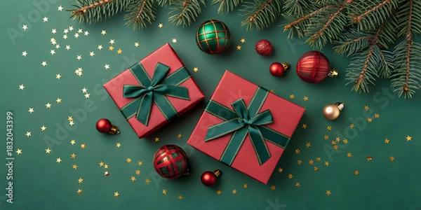 Fototapeta Elegant Christmas gifts with festive ornaments and twinkling stars create a magical holiday mood, perfect for seasonal greetings and joyful promotions